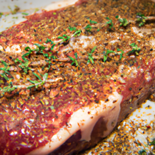 A raw steak seasoned with salt, pepper, and herbs, ready to be grilled to perfection.